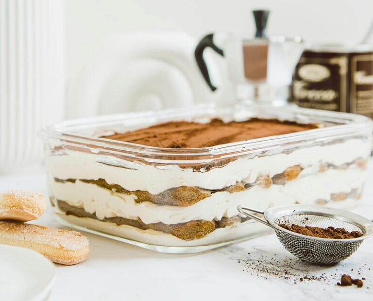 Authentic Italian tiramisu with mascarpone and cocoa powder