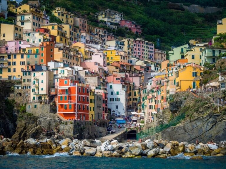Close-up of colorful houses in the coastal village of Riomaggiore, Italy.
