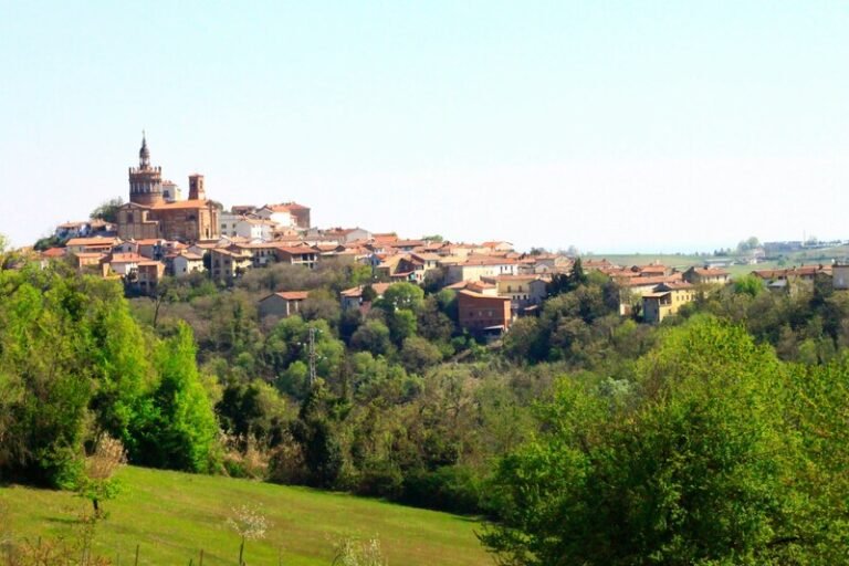 Panoramic view of Monferrato village in Piedmont, Italy, surrounded by vineyards and rolling hills.